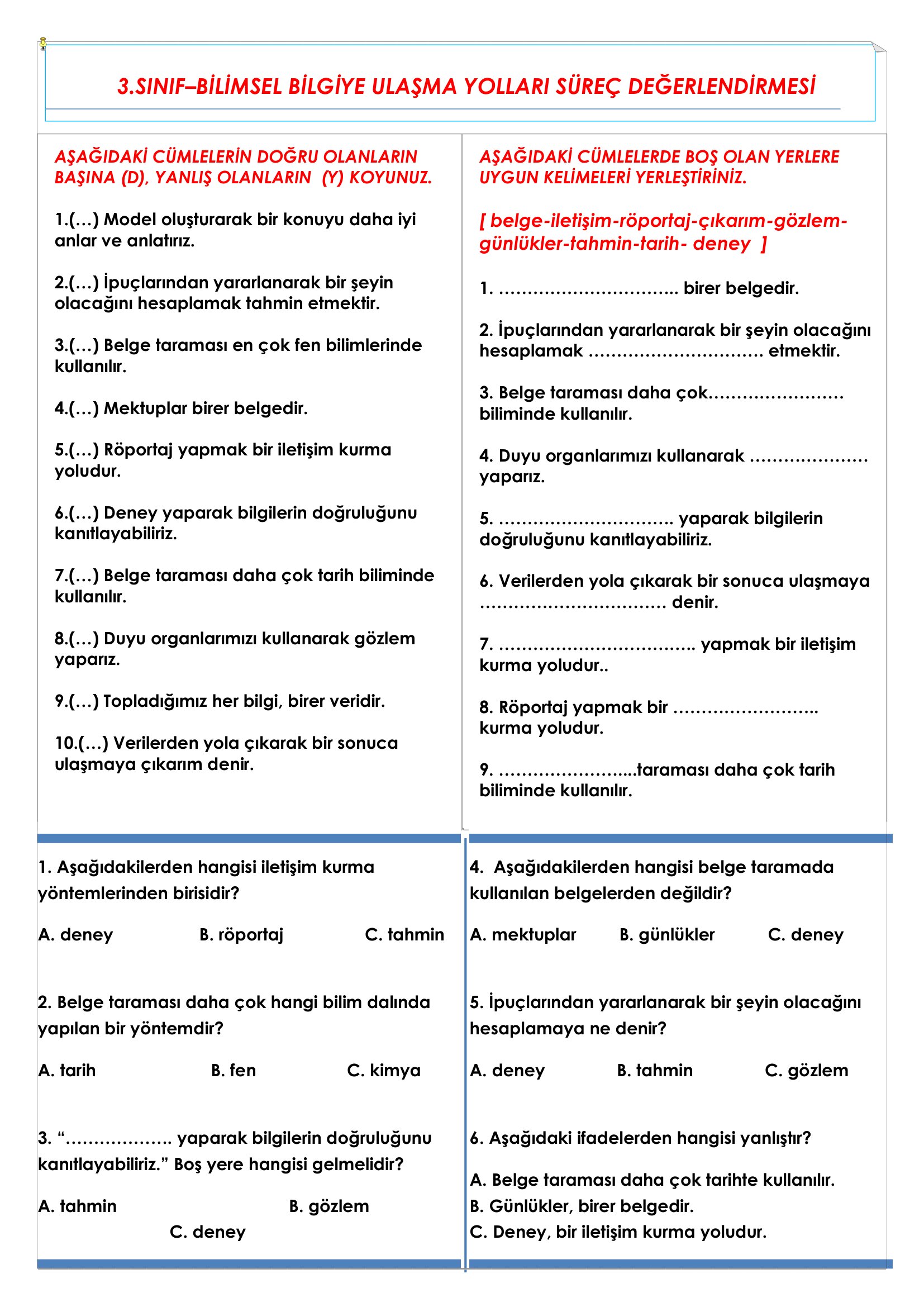 3.Sınıf Fen Bilimleri Bilimsel Bilgiye Ulaşma Yolları Süreç Değerlendirme