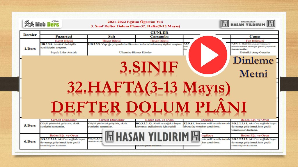 3.Sınıf 32.Hafta(9-13 Mayıs) Defter Dolum Planı