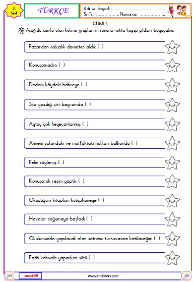 3. Sınıf Türkçe Cümle Bilgisi Etkinliği