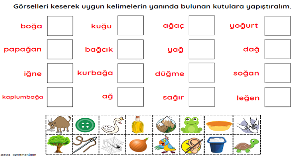 1.Sınıf İlk Okuma Yazma Ğ-ğ Sesi Görsellerle Kelime Eşleştirme Kes-Yapıştır