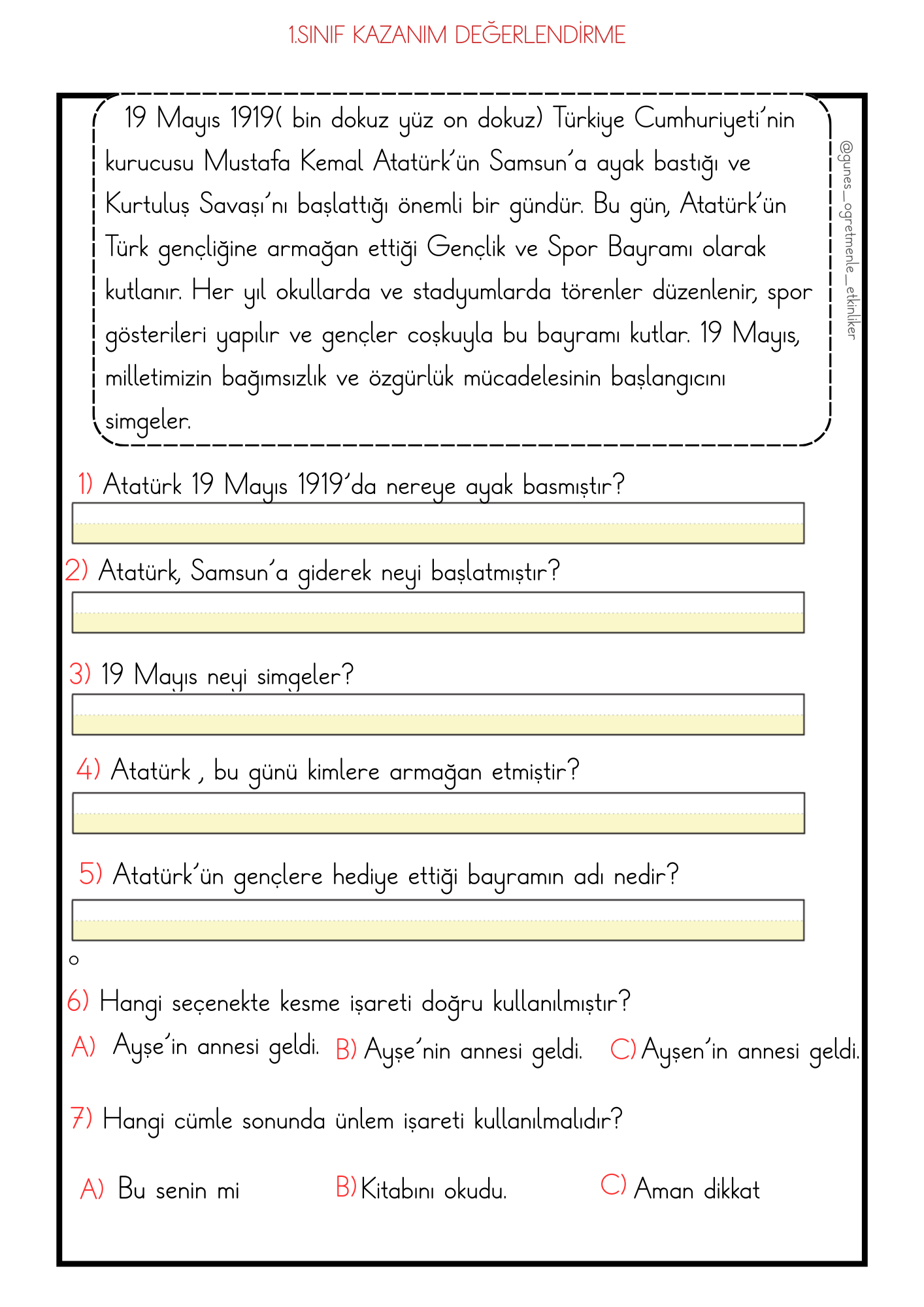 1.  Sınıf Kazanım Değerlendirme