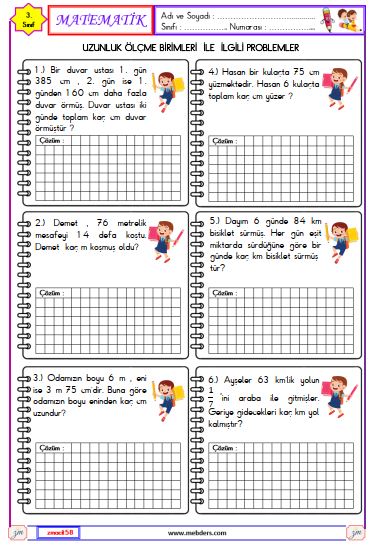 3. Sınıf Matematik Uzunluk Ölçme Birimleri İle İlgili Problemler Etkinliği 5