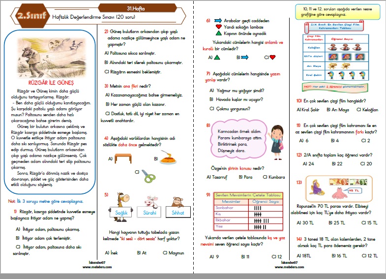 2.Sınıf Haftalık Değerlendirme Testi - 31.Hafta (08-12 Mayıs)