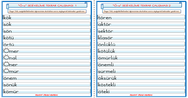 1. Sınıf İlk Okuma Yazma Ö Sesi Okuma Yazma Tekrar Çalışması
