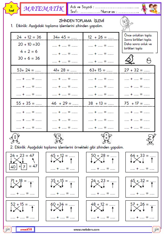 2. Sınıf Matematik Zihinden Toplama İşlemi Etkinliği 2