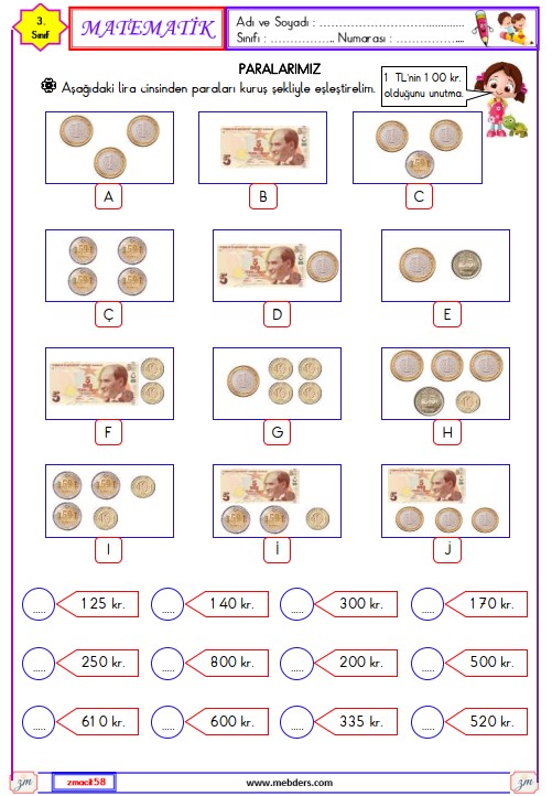 3. Sınıf Matematik Paralarımız Etkinliği 1