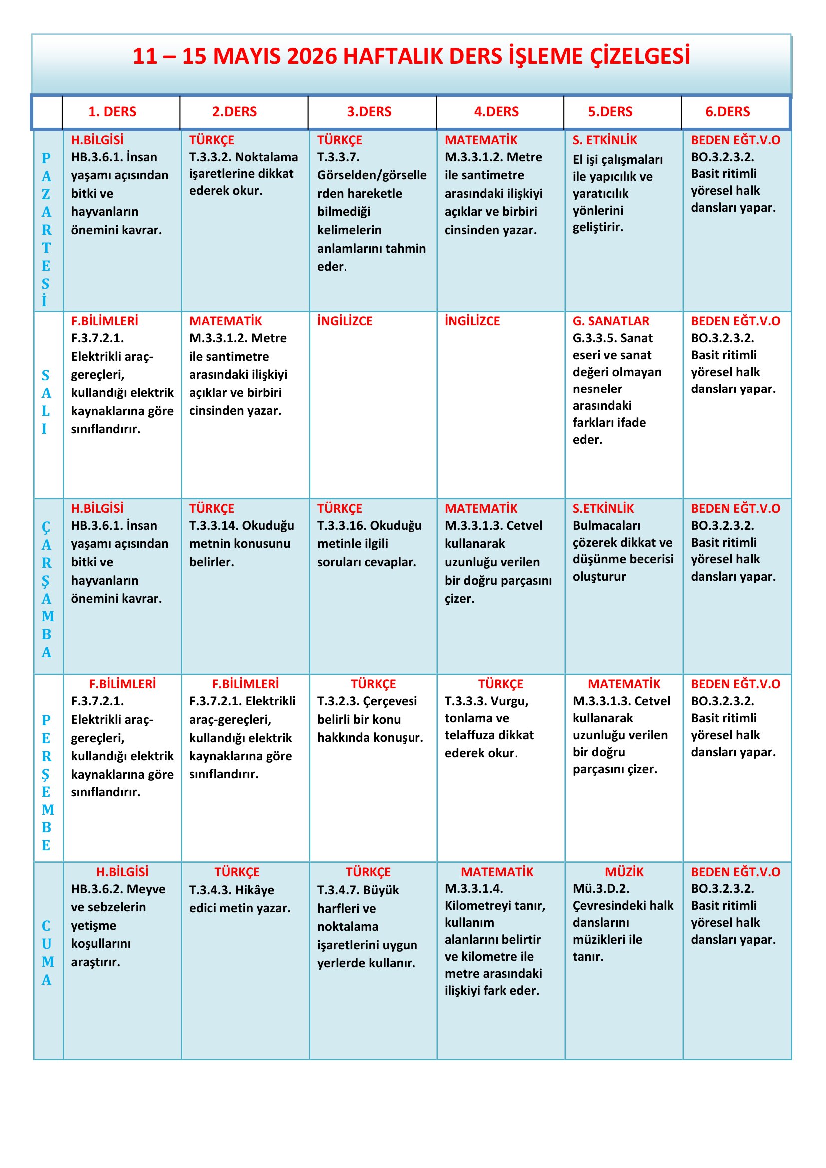 3.Sınıf 11 - 15 Mayıs 2026 Haftalık Ders İşleme Çizelgesi.doc