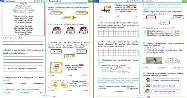 3. Sınıf Haftalık Kazanım Değerlendirme Testi 8. Hafta (27 - 31 Ekim)