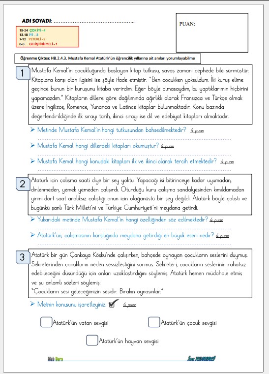 2. Sınıf Hayat Bilgisi 4. Öğrenme alanı Mustafa Kemal'in anıları SÜREÇ DEĞERLENDİRME -1