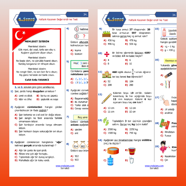 4. Sınıf Haftalık Değerlendirme Testi - 34. Hafta