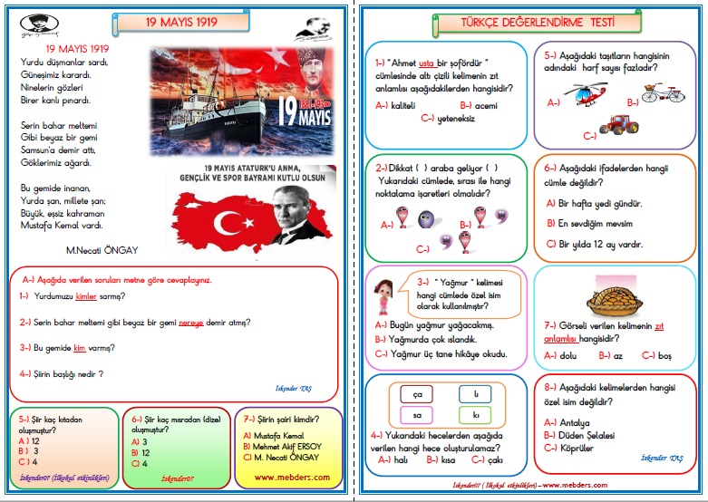 1.Sınıf Türkçe 19 Mayıs 1919  Değerlendirme Çalışması  10