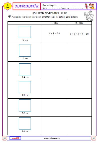 3. Sınıf Matematik Şekillerin Çevre Uzunlukları Etkinliği 8