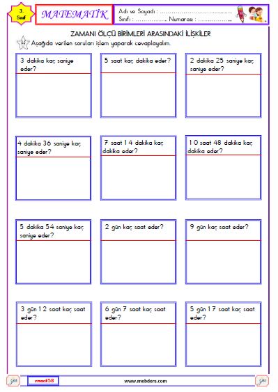 3. Sınıf Matematik Zaman Ölçü Birimleri Arasındaki İlişkiler Etkinliği 3