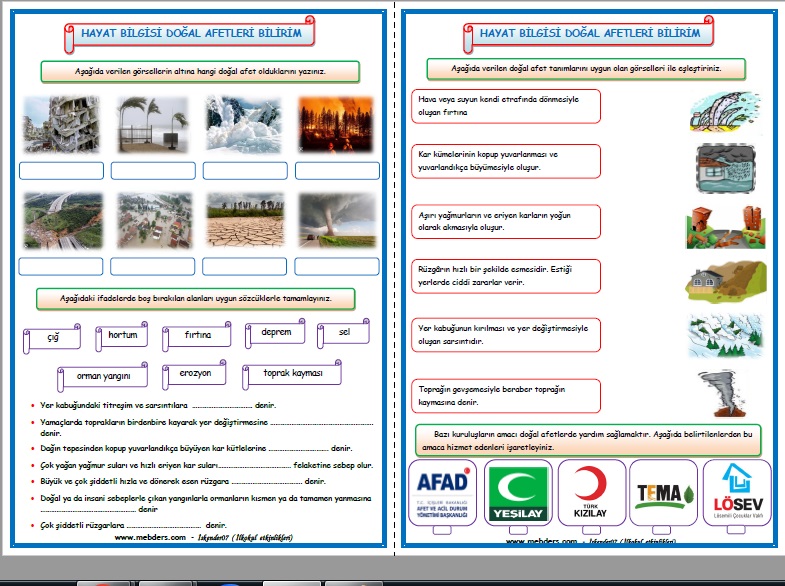 2.Sınıf Hayat Bilgisi Doğal Afetleri Bilirim Etkinlik Çalışması