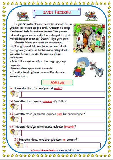 1.Sınıf Türkçe Zaten İnecektim Okuma Anlama Metin Çalışması  25