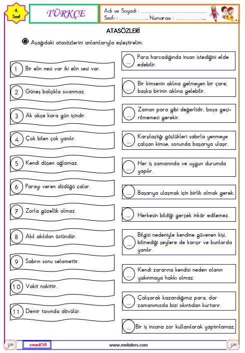 4. Sınıf Türkçe Atasözleri Etkinliği 4