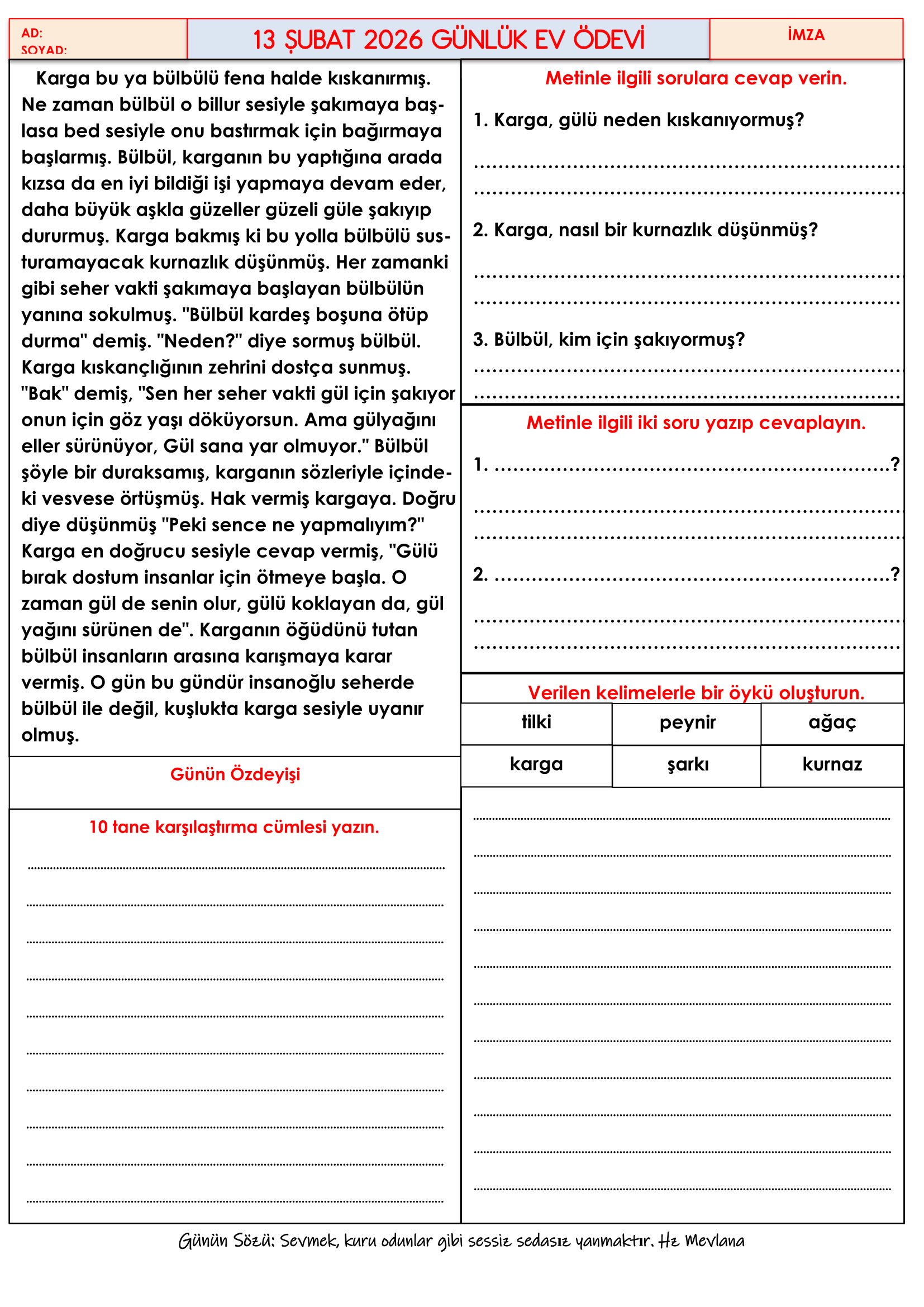 4.Sınıf - 13 Şubat 2026 Günlük Ev Ödevleri