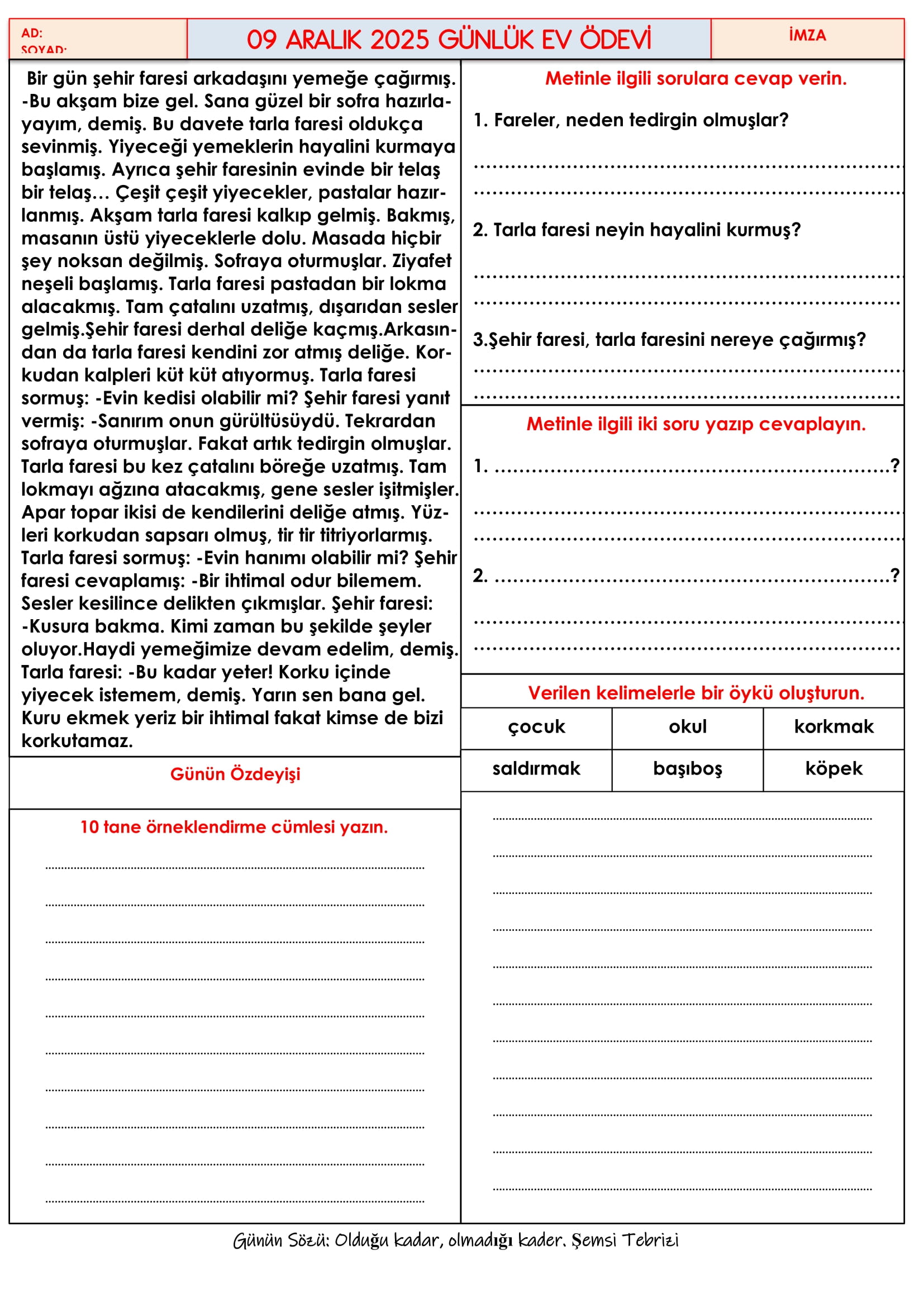 4.Sınıf - 09 Aralık 2025 Günlük Ev Ödevleri