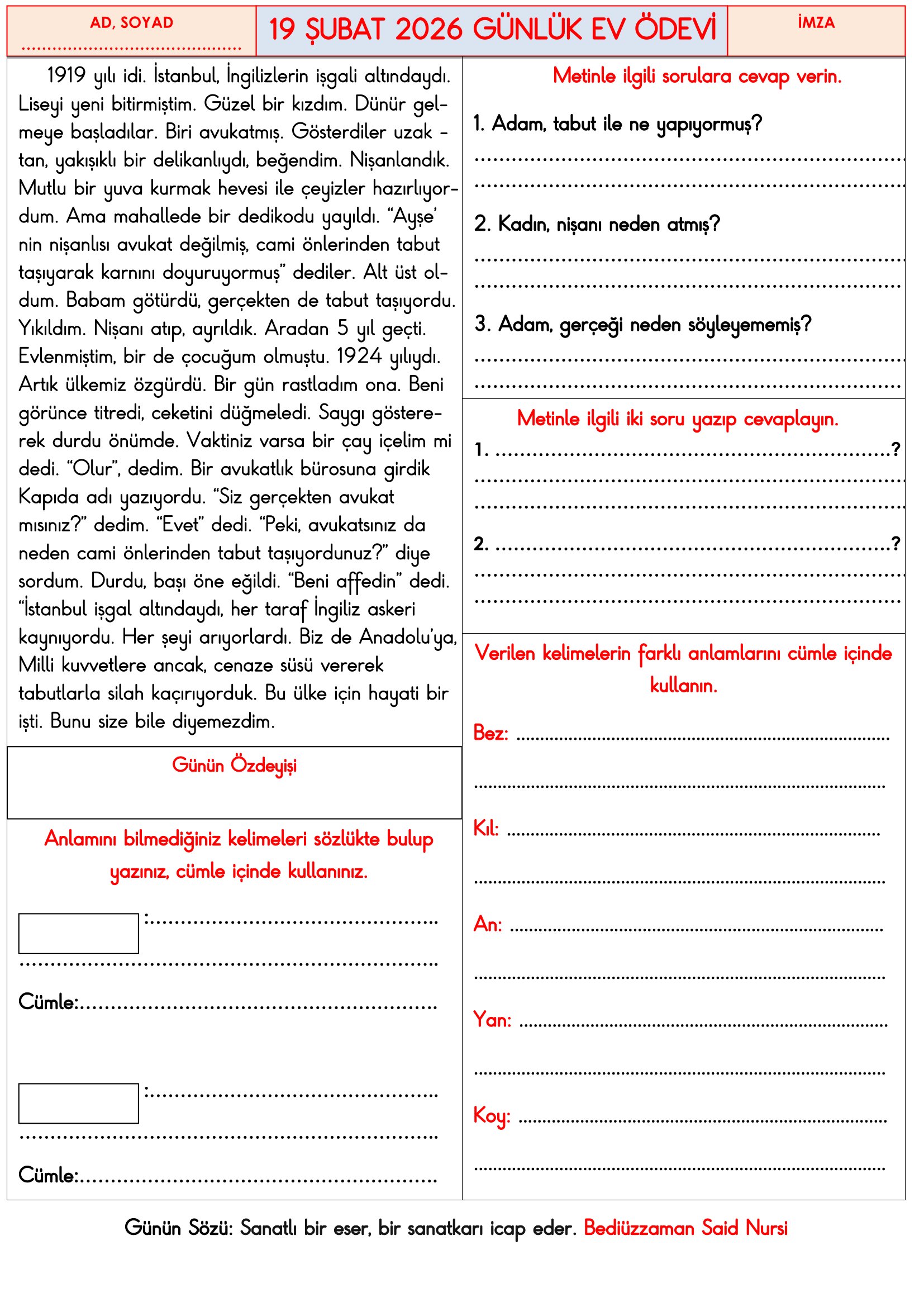 3.Sınıf - 19 Şubat 2026 Günlük Ev Ödevleri