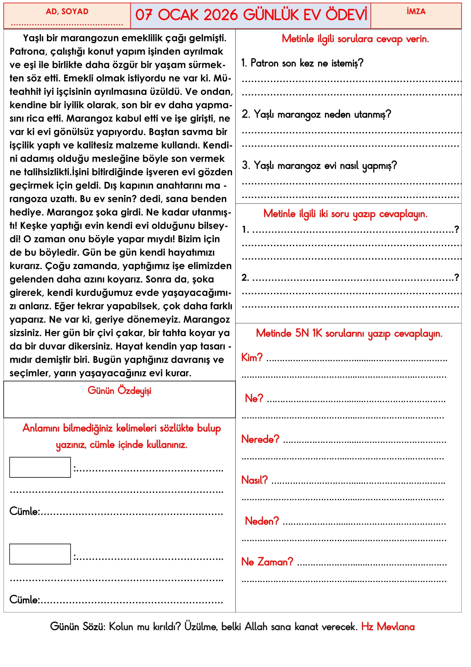 3.Sınıf - 07 Ocak 2026 Günlük Ev Ödevleri