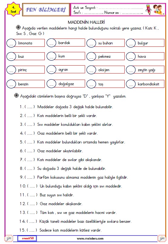 4. Sınıf Fen Bilimleri  Maddenin Halleri Etkinliği