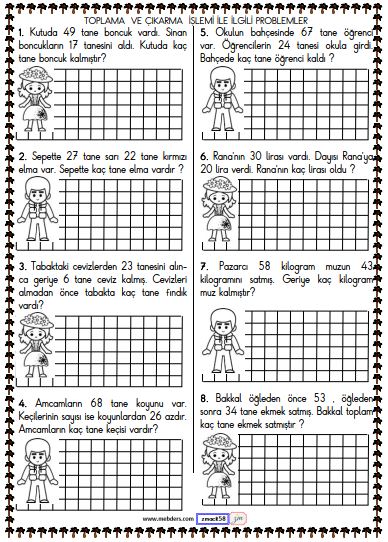 1. Sınıf Matematik Toplama ve Çıkarma İşlemi Problemleri Etkinliği 6