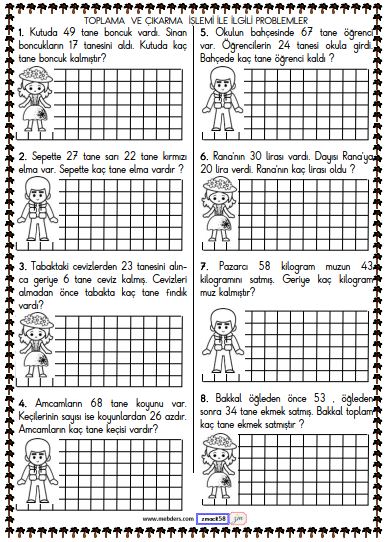 1. Sınıf Matematik Toplama ve Çıkarma İşlemi Problemleri Etkinliği 6