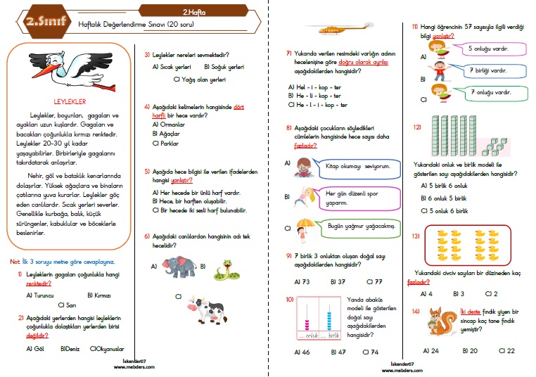 2.Sınıf Haftalık Değerlendirme Testi-2.Hafta(13-17 Eylül)