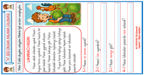 1. Sınıf İlk Okuma Yazma H-h Sesi Okuma Anlama Çalışması