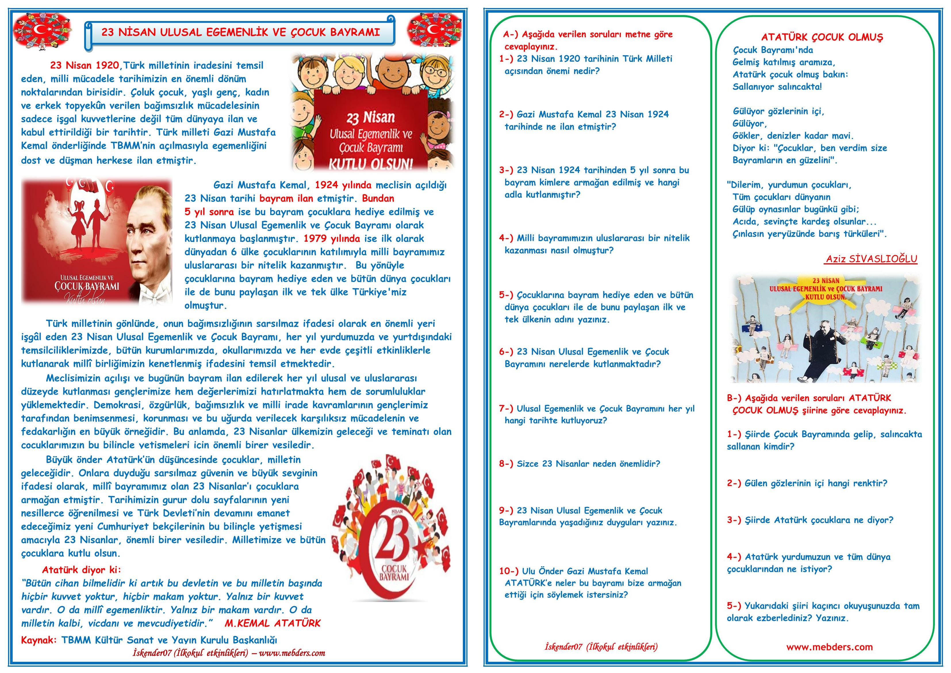 23 Nisan Ulusal Egemenlik ve Çocuk Bayramı Etkinlik Çalışması  (2  Sayfa)