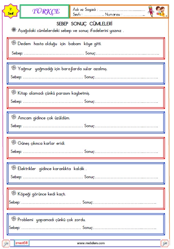 2. Sınıf Türkçe Sebep Sonuç Cümleleri Etkinliği