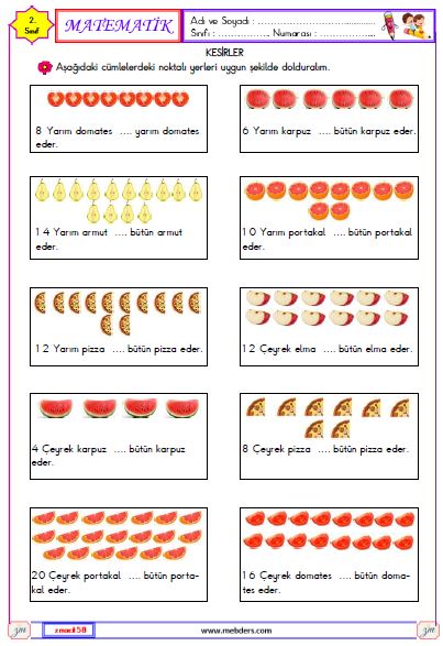 2. Sınıf Matematik Bütün, Yarım, Çeyrek Etkinliği 4