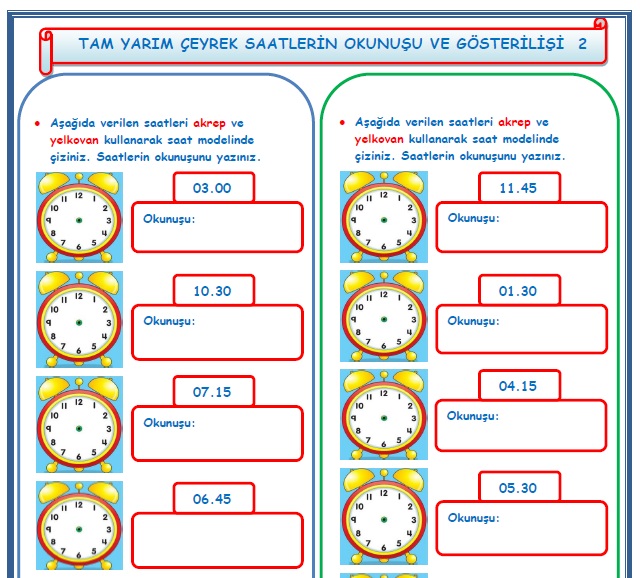 2.Sınıf Matematik Tam  Yarım Çeyrek Saatlerin Okunuşu ve Gösterilişi  2