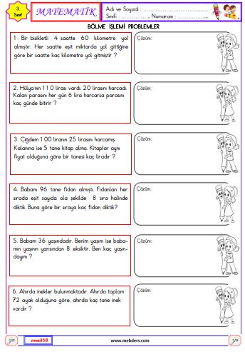 3. Sınıf Matematik Bölme İşlemi Problemleri Etkinliği 3