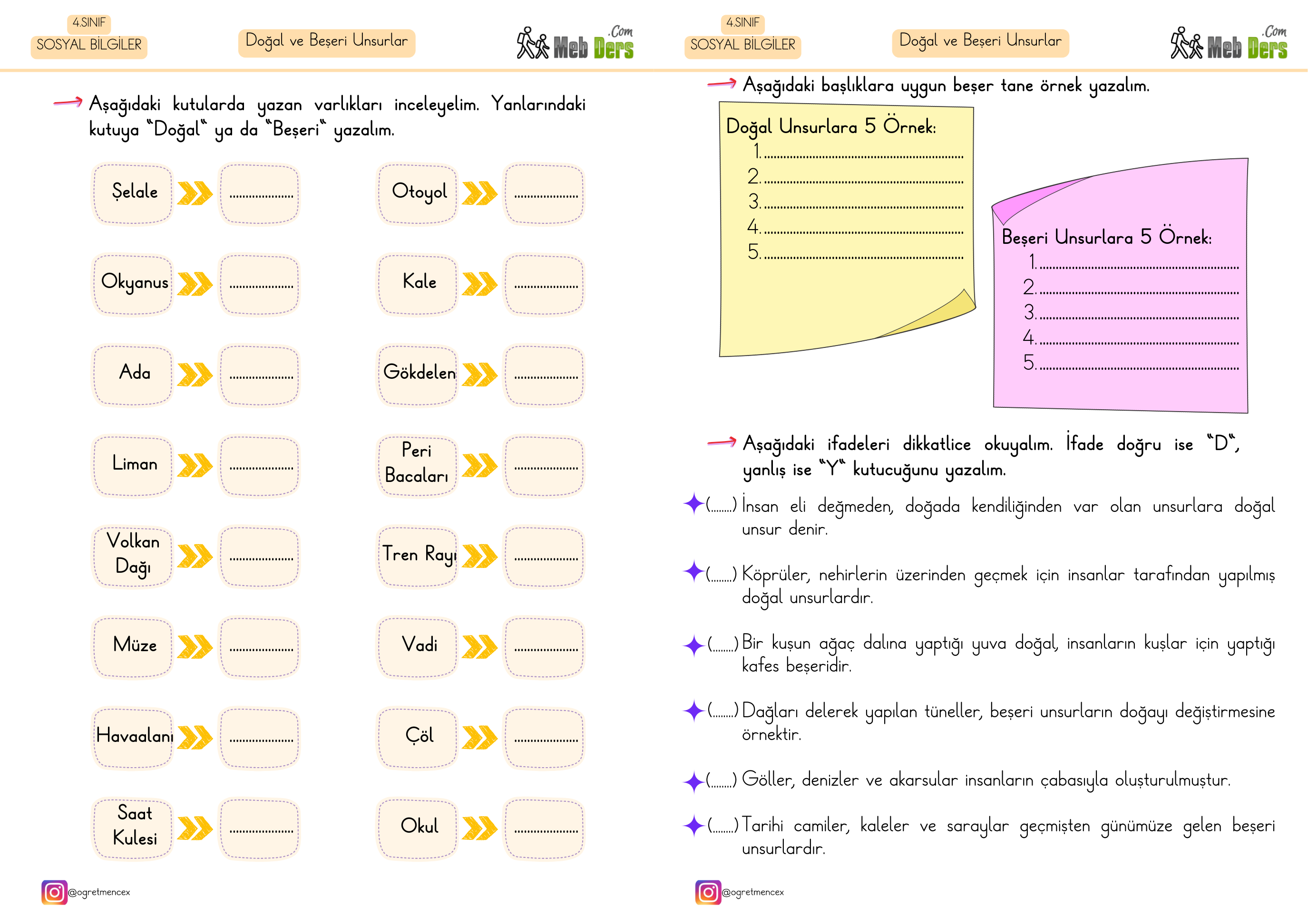 4. Sınıf Sosyal Bilgiler Doğal ve Beşeri Unsurlar Çalışma Sayfası (2 Sayfa)