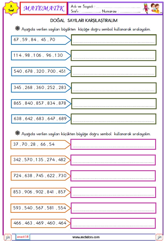 3. Sınıf Matematik Doğal Sayıları Karşılaştırma ve Sıralama Etkinliği 4