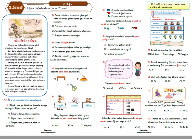 2.Sınıf Haftalık Değerlendirme Testi - 31.Hafta (08-12 Mayıs)