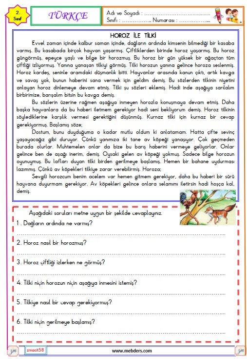 2. Sınıf Türkçe Okuma ve Anlama Metni Etkinliği (Horoz ile Tilki)