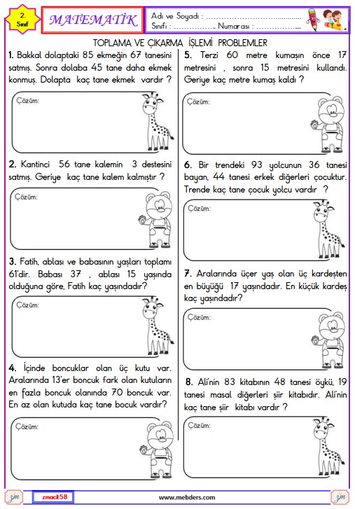 2. Sınıf Matematik Toplama ve Çıkarma İşlemi Problemleri Etkinliği 4