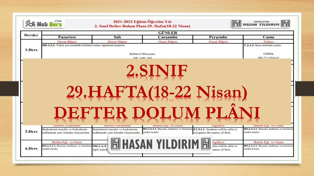 2.Sınıf 29.Hafta(18-22 Nisan) Defter Dolum Planı