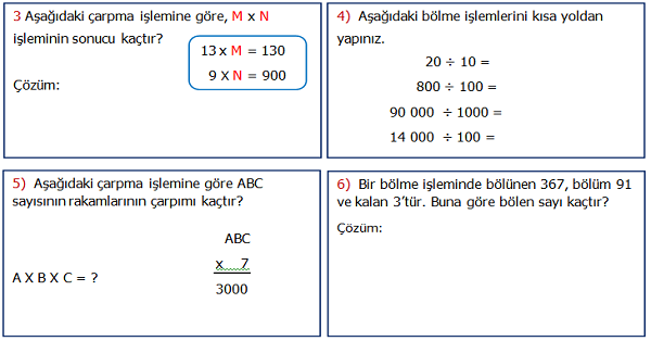 4.Sınıf Matematik 3.Ünite Değerlendirme Etkinliği