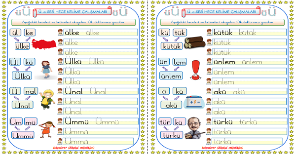 1. Sınıf İlk Okuma Yazma Ü Sesi Çalışmaları