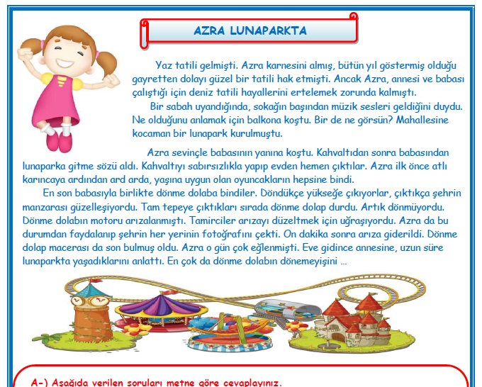 2.Sınıf Türkçe Azra Lunaparkta Okuma Anlama Metin Çalışması