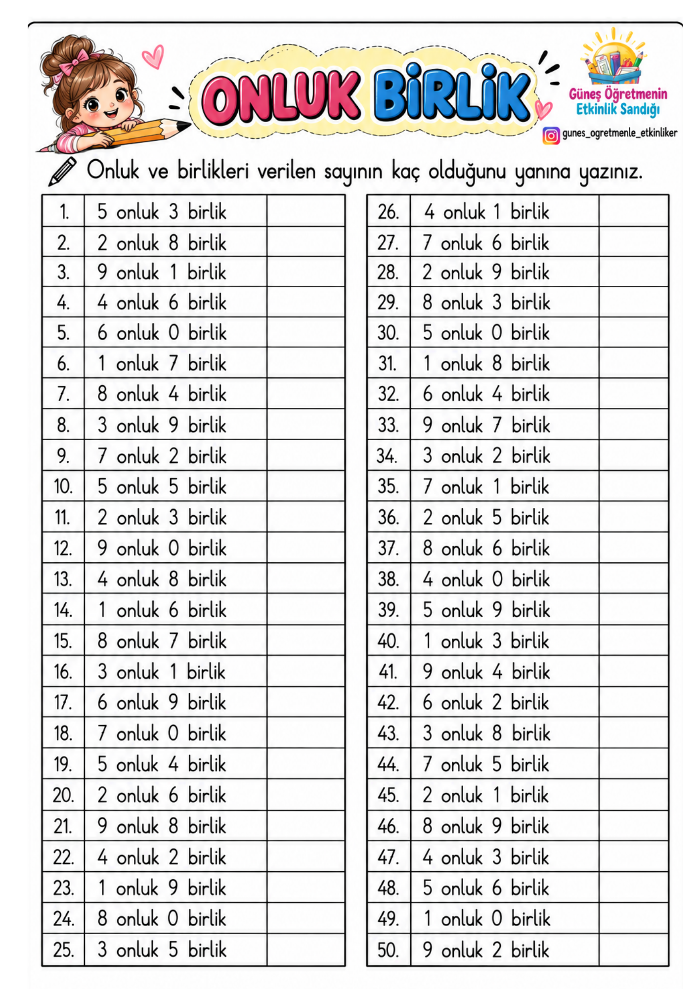 2.Sınıf Onluk Birlik Çalısma Kağıtları