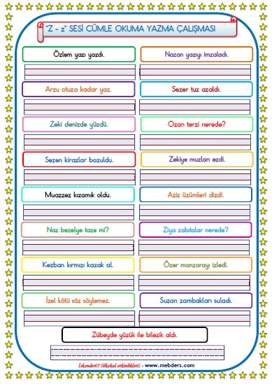 1.Sınıf Z-z  Sesi Cümle Okuma Yazma Çalışması  ( 17 Farklı Cümle)