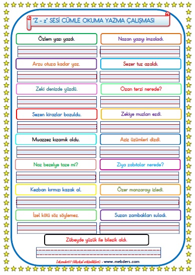 1.Sınıf Z-z  Sesi Cümle Okuma Yazma Çalışması  ( 17 Farklı Cümle)