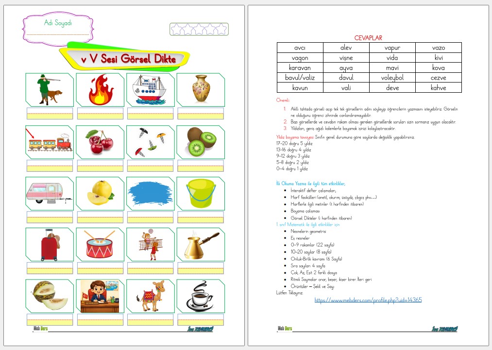 1. Sınıf İlk Okuma Yazma V Sesi GÖRSEL DİKTE