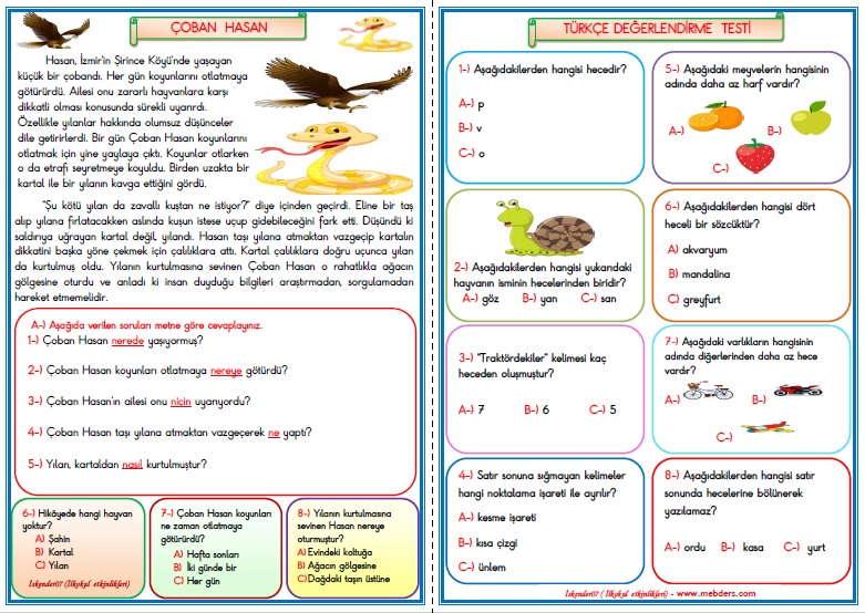1.Sınıf Türkçe Çoban Hasan  Değerlendirme Çalışması  2