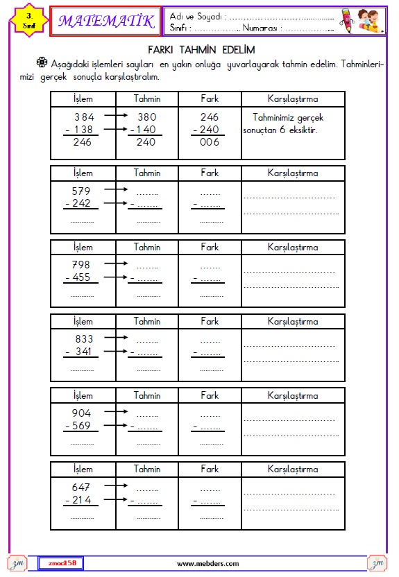 3. Sınıf Matematik  Farkı Tahmin Edelim Etkinliği  1