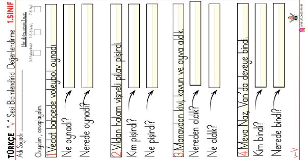 1. Sınıf İlk Okuma Yazma V Sesi 5N 1K Etkinliği
